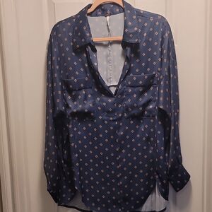 Free People Sample Navy Blue Patterned Blouse Sz Large